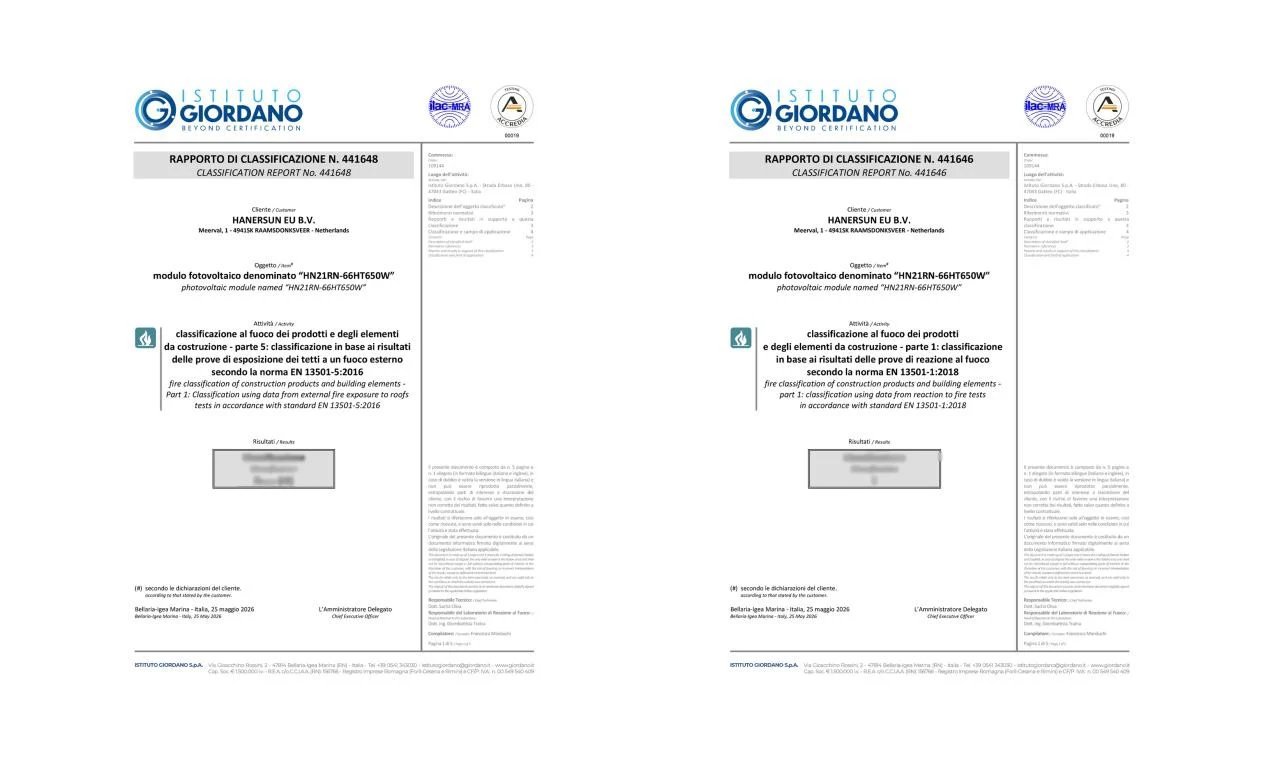 Hanersun Full-Series Modules Certified Under Italy’s New Fire Safety Standards